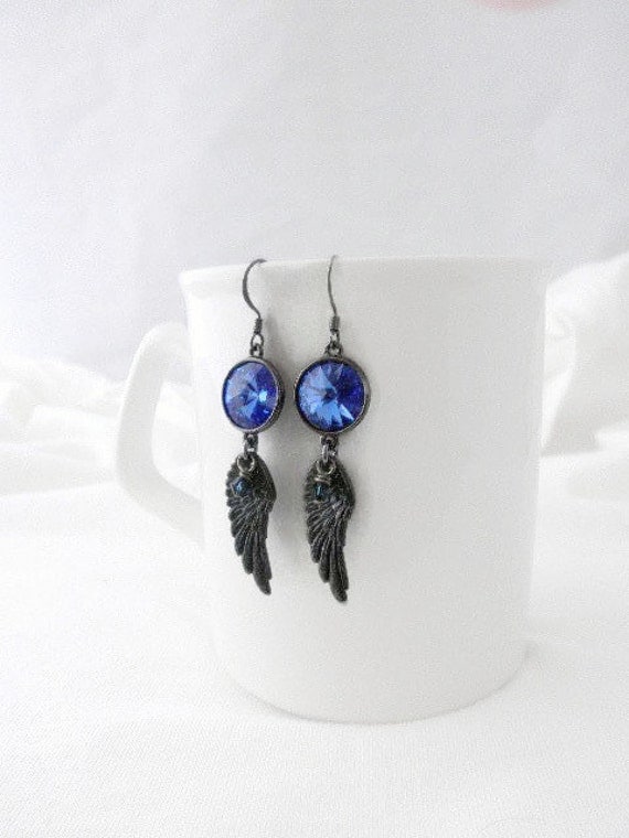 Sapphire Victorian Earrings,Dangle Earrings,Feather Earrings,Gypsy Jewelry,Victorian Jewelry,Blue Earrings