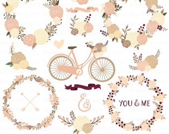 Foral Dahlias Collection. Floral Wedding Collection. Romantic Bicycle, Wreaths. 16 images, 300 dpi. Eps, Png files. Instant Download
