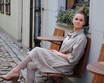 Linen dress woman, linen tunic dress, long dress linen with sleeves, summer dress linen, linen dress with button collar, loose linen dress
