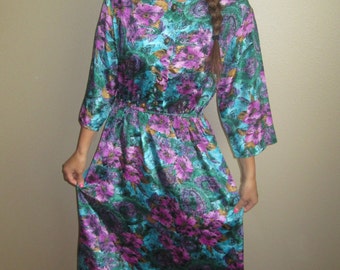 1980s Purple Floral Secretary Dress Size Medium