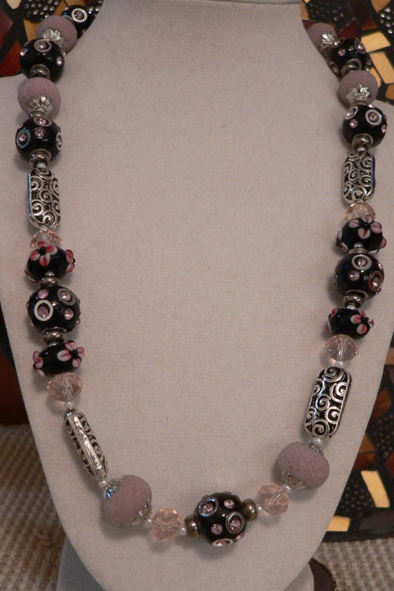 black necklace black and pink sparkly necklace by sallysbeadsnc