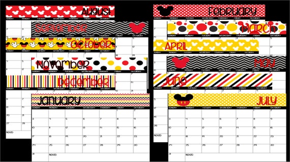 2016 Printable Mickey Mouse Disney Themed CalendarInstant
