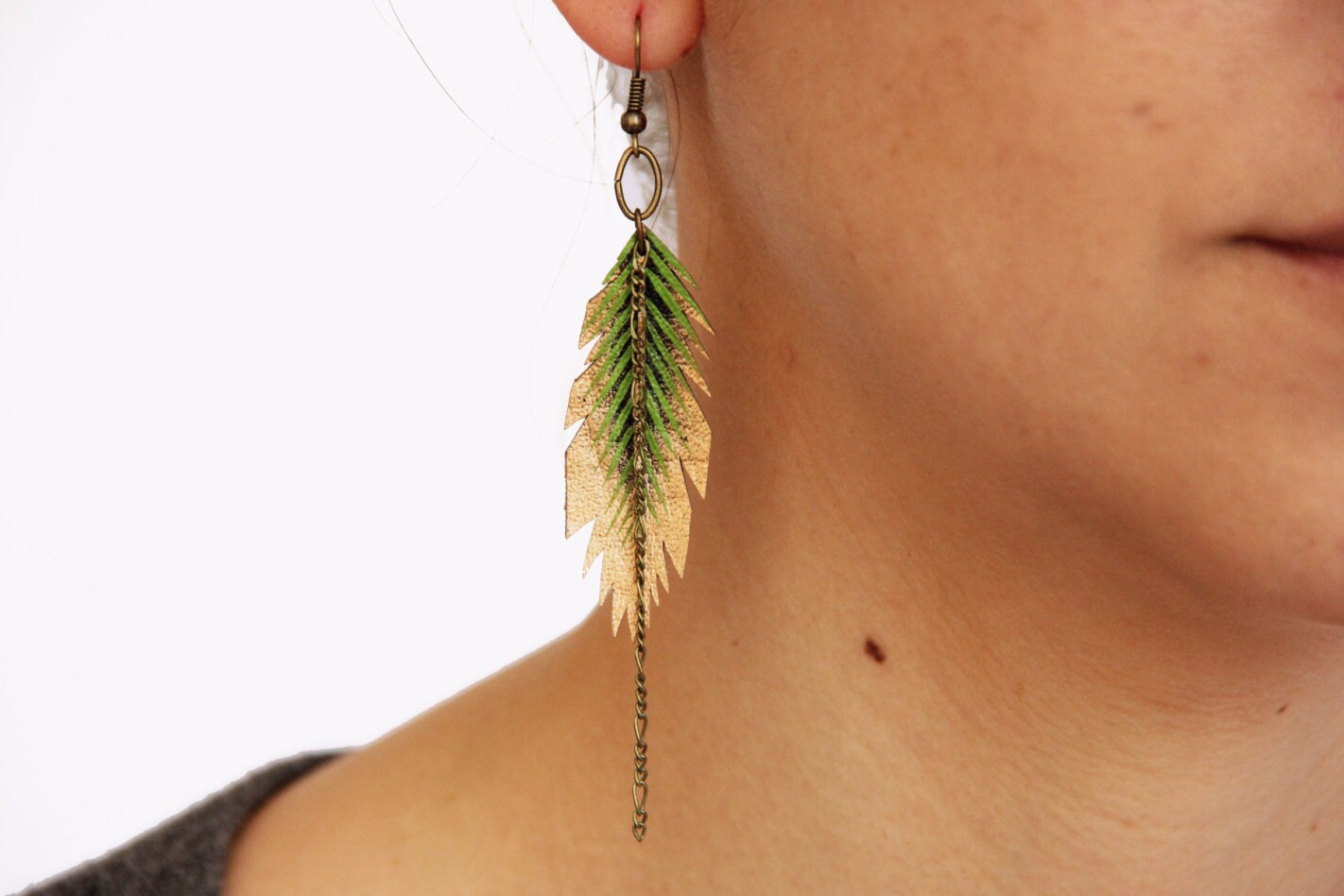 Faux Leather Feather Earrings Bright Green Hand Painted