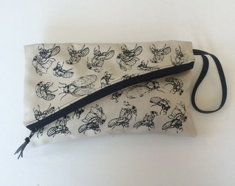 Fold Over Zipper Clutch/ Hand Printed Soft Cotton Bull Denim/ Cicada Life Cycles Print