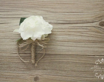 Rustic Boutonniere, Hydrangea Boutonniere, Rustic Buttonhole, Twine and Burlap Wedding, Groomsmen Flowers, corsage