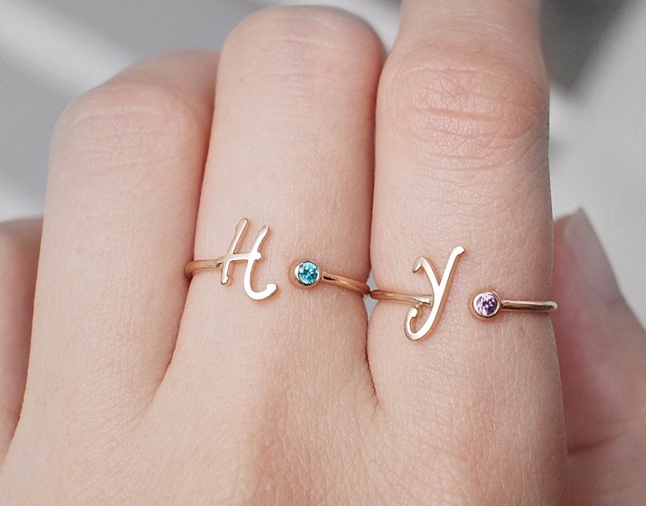 Personalized Initial Birthstone Ring Thin Gold Initial Ring