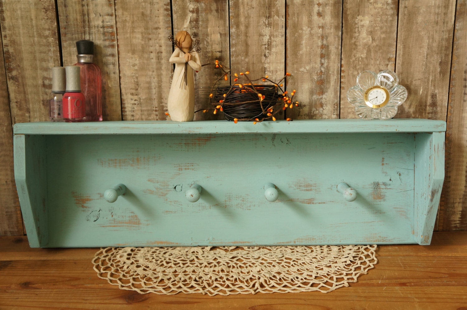 Shabby Chic Shelf Coat Rack Rustic Wood Shelf Reclaimed Wood Shelf Aqua Turquoise Shelf