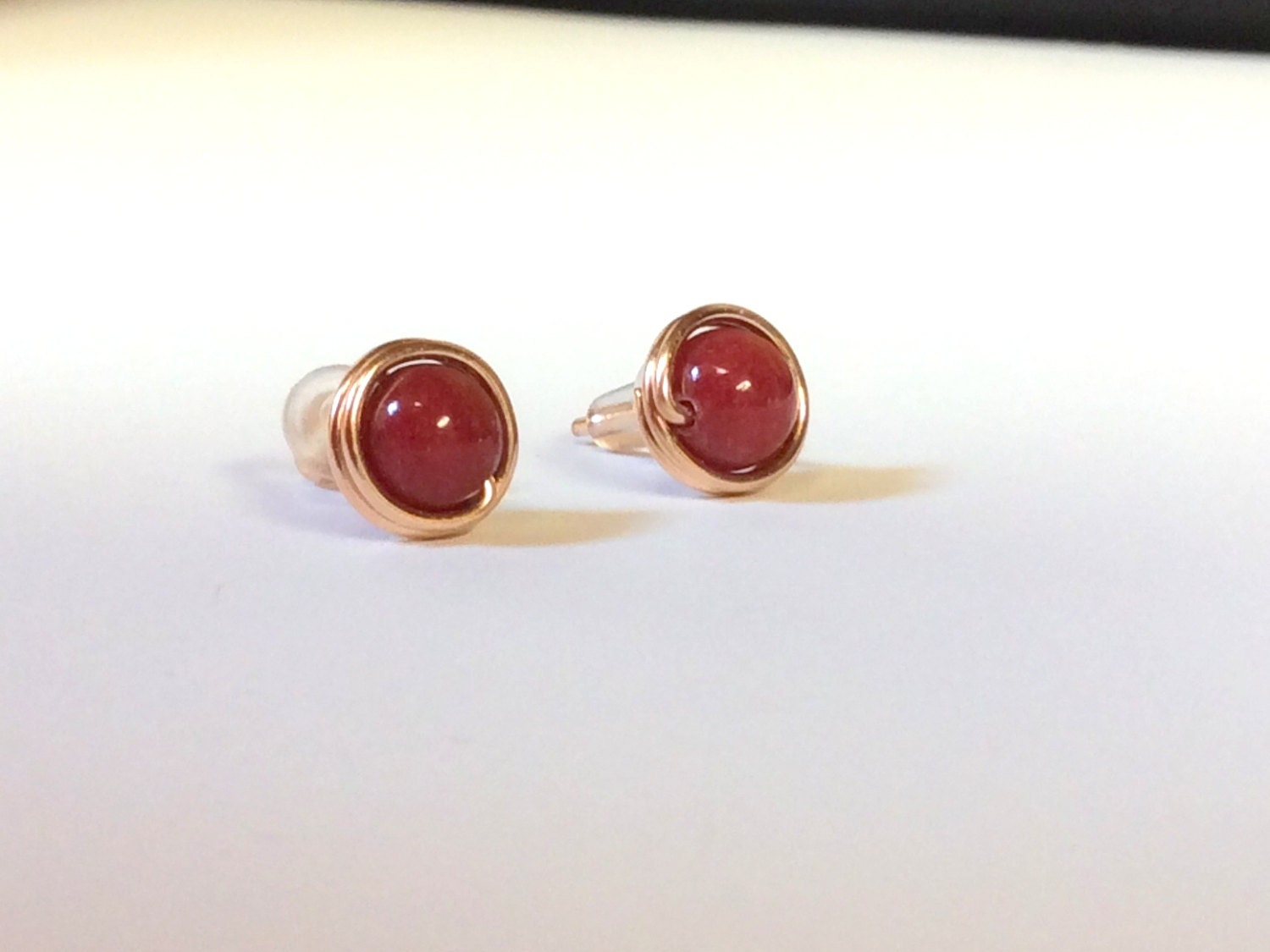 Red stud earrings in your choice of Rose Gold filled or