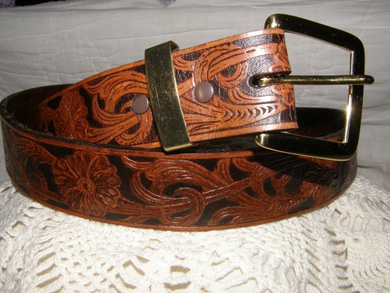 Western Flower Stamped Men's Leather Belt by PremiumLeatherworks