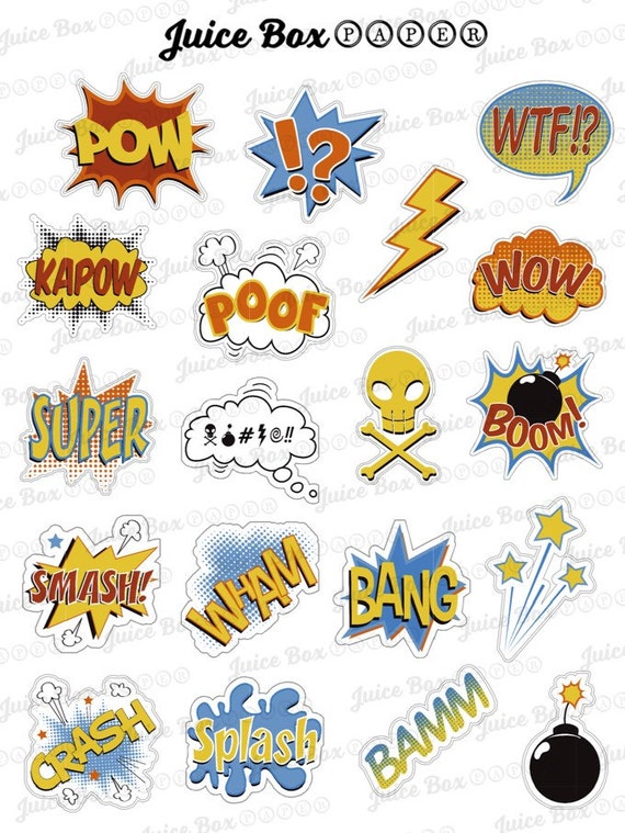 Set of 19 Comic Book Superhero Phrases Stickers