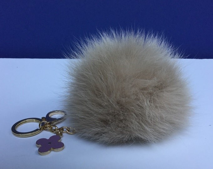 Beige Fox Fur Pompom bag charm pendant Fur Pompoms keychain with flower clover charm