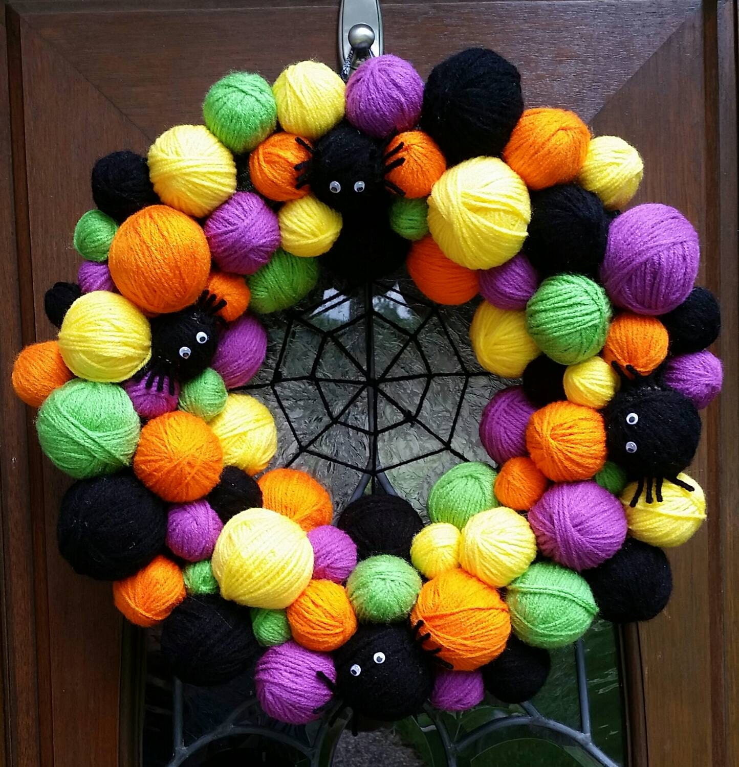 MultiColor Halloween Yarn Ball Wreath with Spider by ArtsieAni