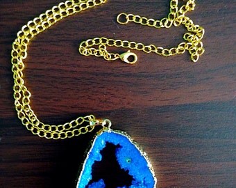 Dark Blue Druzy on Gold Necklace