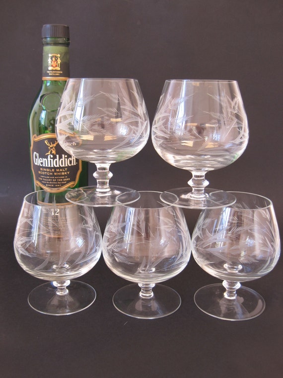 Etched glass hand blown brandy snifters or glasses by Mintiques