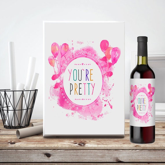 You're Pretty Wine Bottle Label Pink Wine by MiLabelStudios