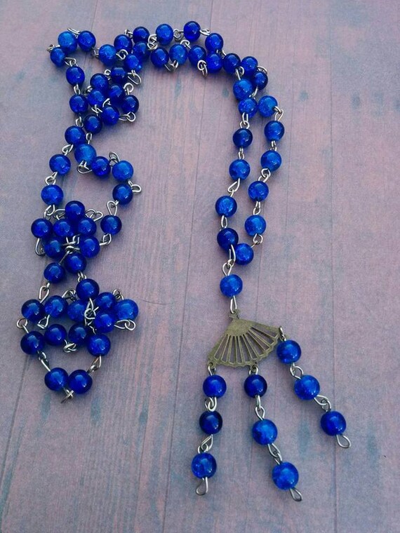 Items similar to Rosary Style Fan Necklace Blue necklace bronze fan