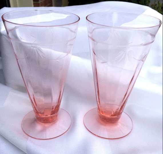 Vintage Pink Depression Iced Tea Glasses Pair of Footed Tall