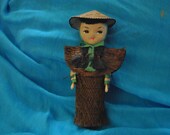 6 1/2" Vintage ORIENTAL Peasant DOLL with Traditional Hat and Coconut Fiber Dress