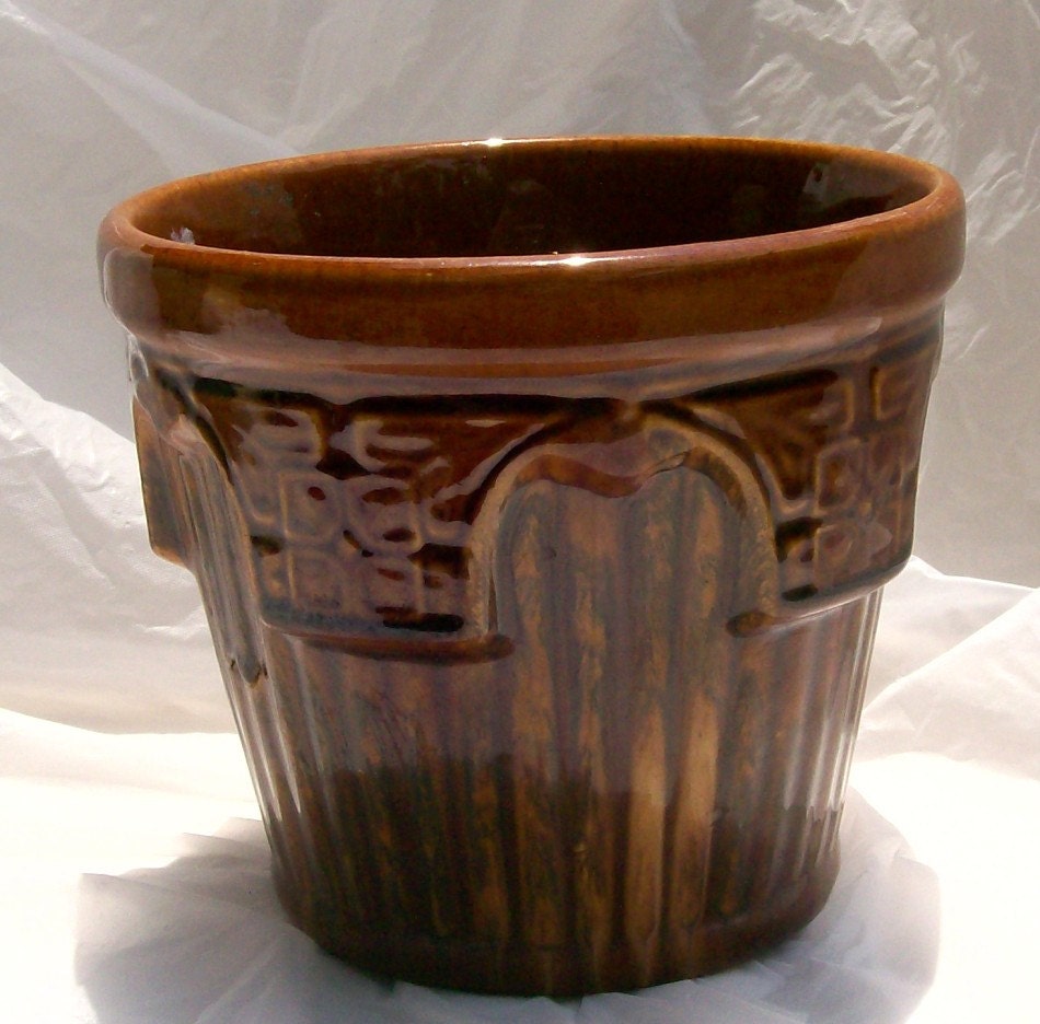 Vintage Brown Blended Glaze Pottery Flower Pot  Jardiniere