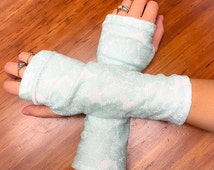 Floral lace glamour gloves, tattoo coverups, teal fingerless gloves ...