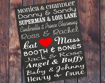 2nd Anniversary Gift for Her Famous Couples Printable Sign Personalize Second Anniversary Buffy Friends TV Show Greece Titanic Superman