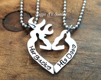 Her Buck His Doe Necklace Set, Personalized Set, Personalized Gift Set for Couples, His and Hers Necklaces, Handstamped Buck & Doe Necklace
