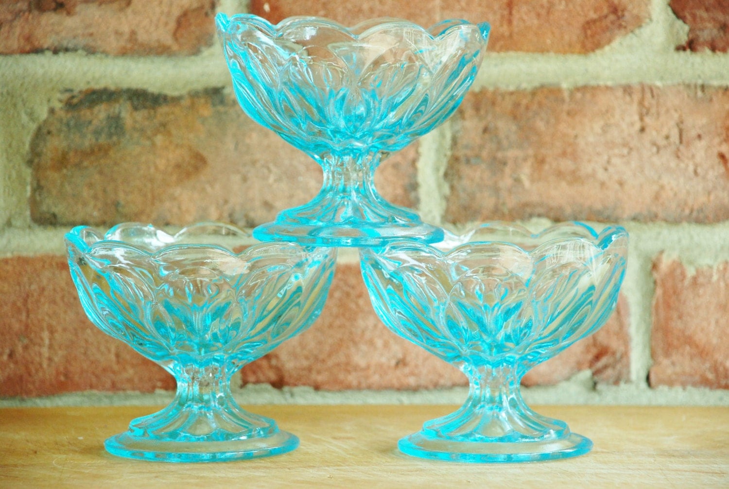 Amazing Aqua Pressed Glass Dessert Bowls Set of 3 Pedestal Style