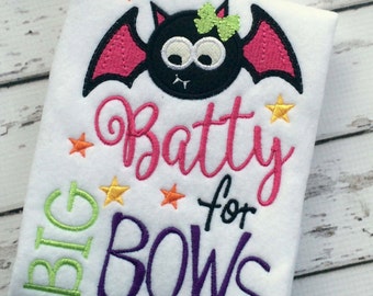 Girl Halloween Shirt, Batty for Bows Shirt, Halloween Shirt for Girls, Embroidered Bodysuit or Shirt,