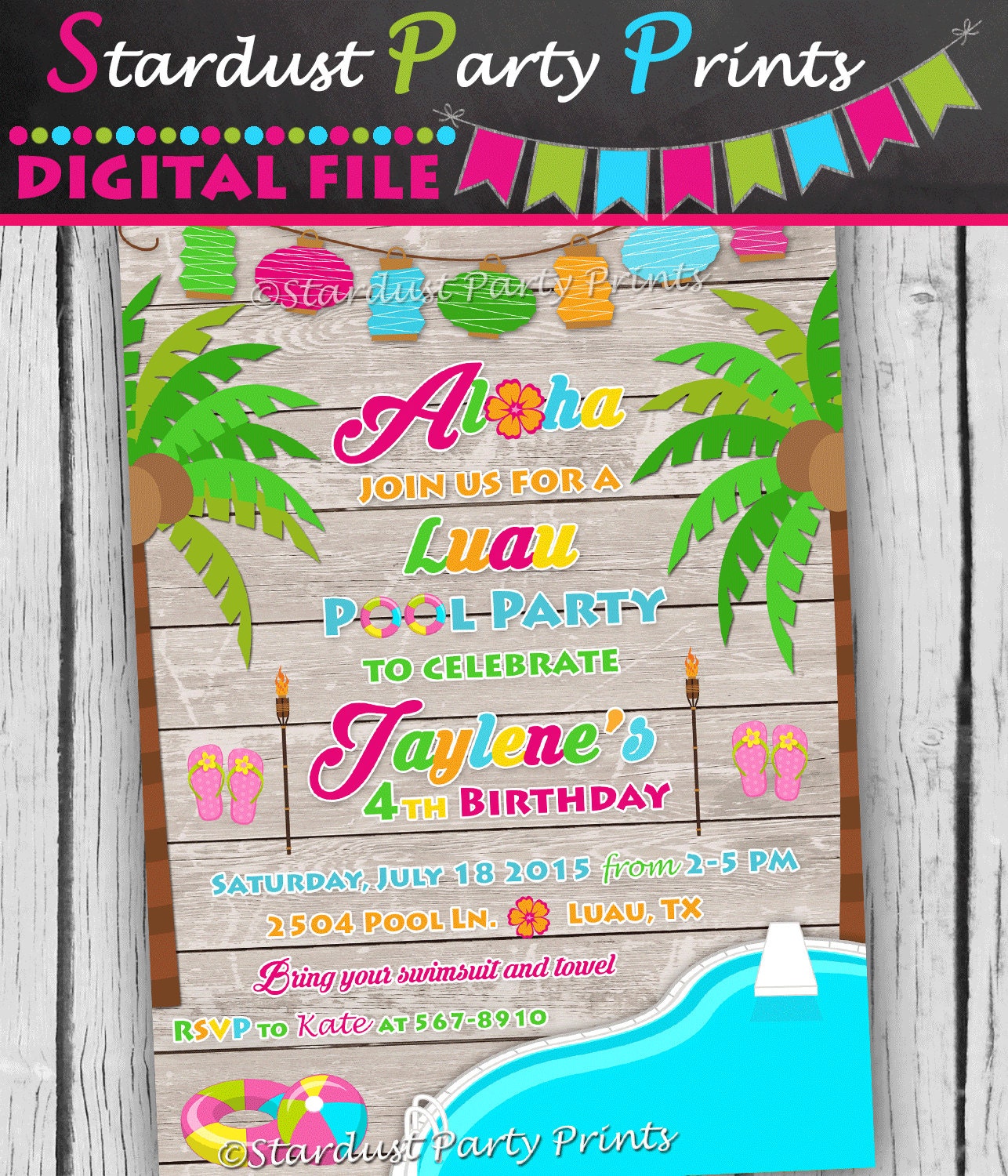 Luau Pool Party Birthday Invitation Luau Birthday Invitation