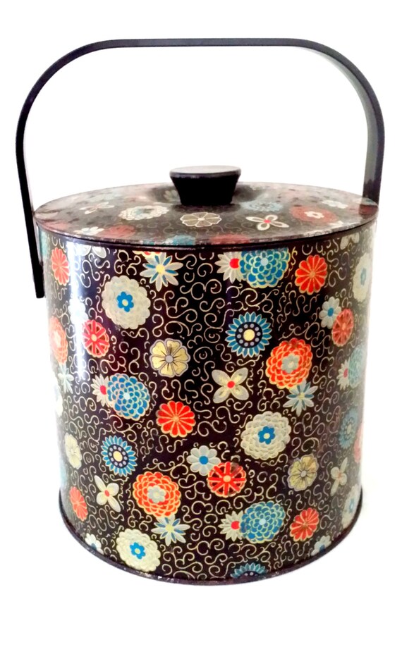 Vintage Metal Ice Bucket Retro Floral Ice Bucket with Lid
