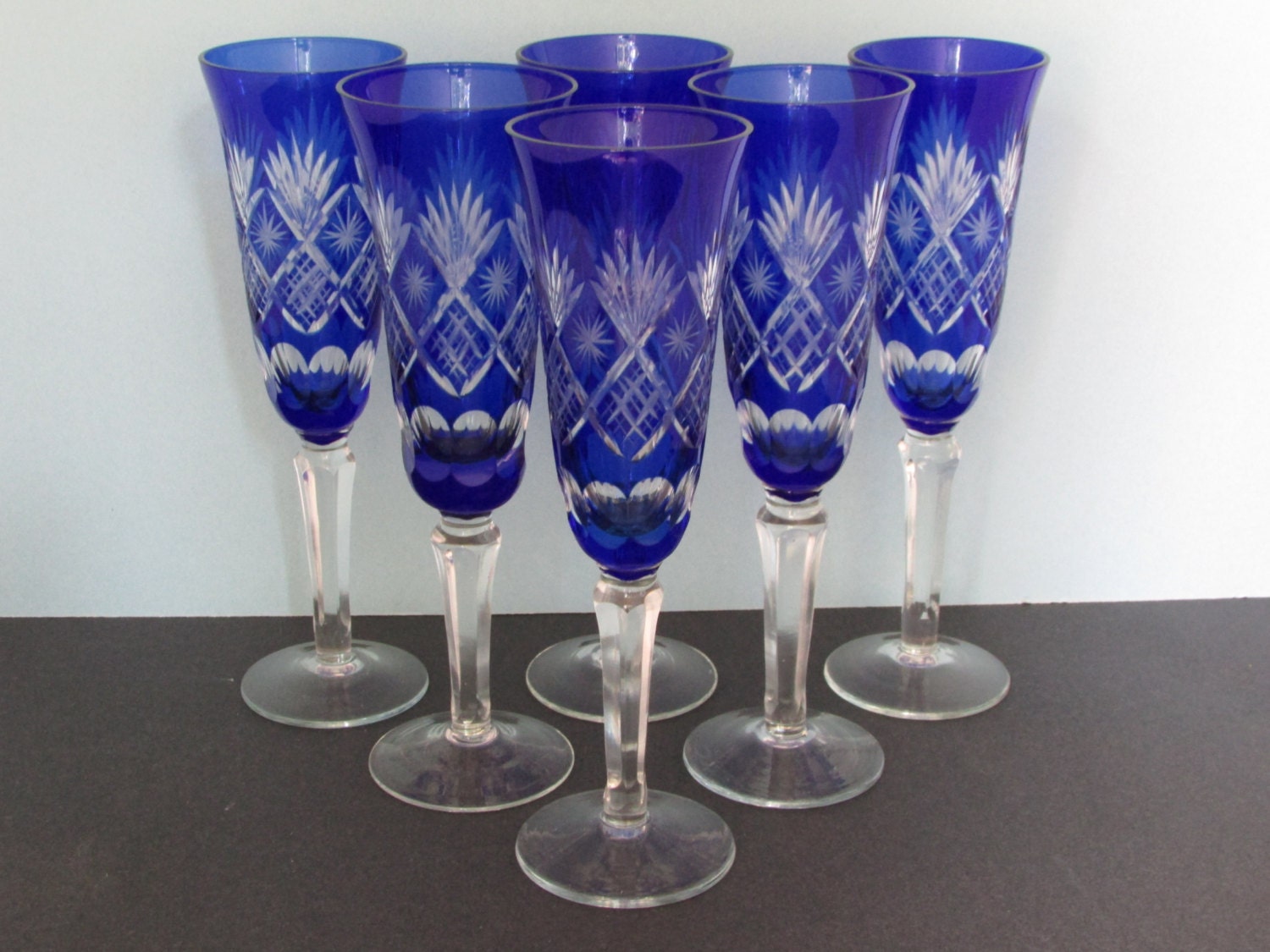6 Bohemian Cobalt Blue Cut to Clear Champagne Flute Glasses//
