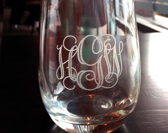 Vine Monogram Engraved Stemless Wine Glass, Personalized Vine Monogram Engraved on a Stemless Wine Glass