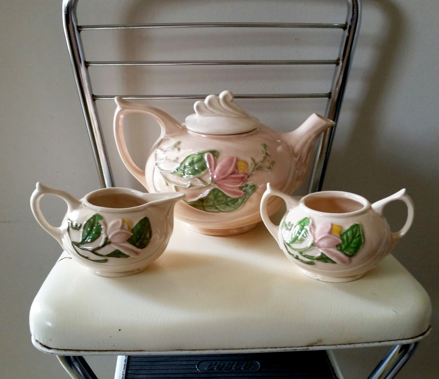Hull Art Pottery Magnolia Pink Teapot Sugar Creamer Tea Set