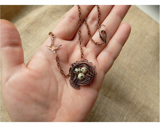 Dalmatian jasper necklace copper wire winding Nest, natural stone, gift for her