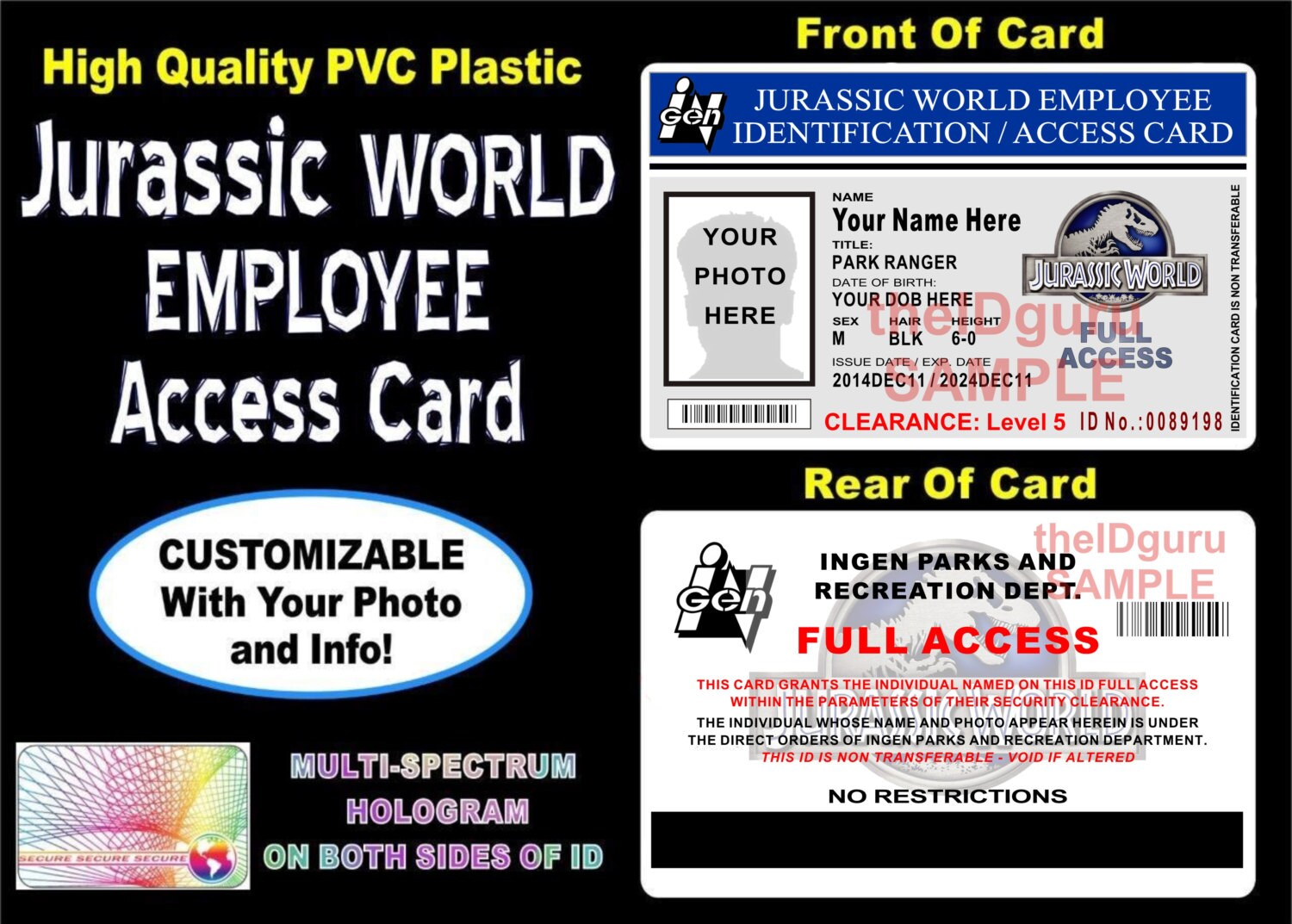 Jurassic World ID Badge / Card Custom Printed with Your Info