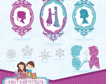 Sparkly Silhouettes Frozen, Clipart, Birthday Girl, Princess, Frozen Party, Frame, Snowflakes