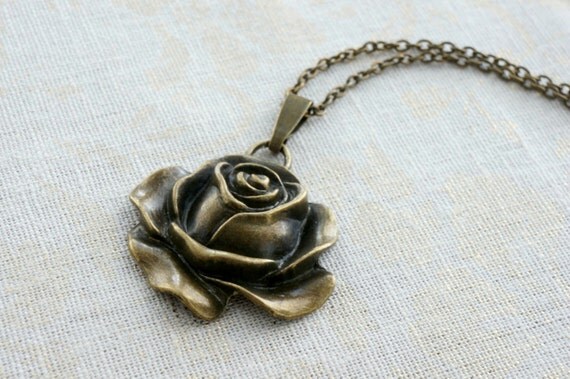 Items similar to Necklace with a Rose, bronze jewelry, long necklace ...