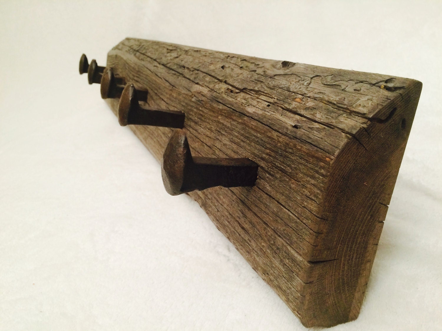 Rustic barn wood and railroad spike coat rack by infiniTreedesign