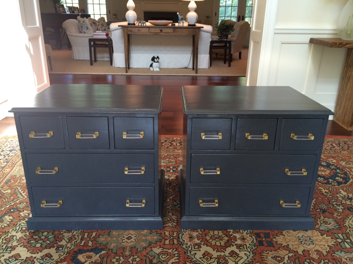 nightstands (pair) blue gray lacquer with glass and brass hardware