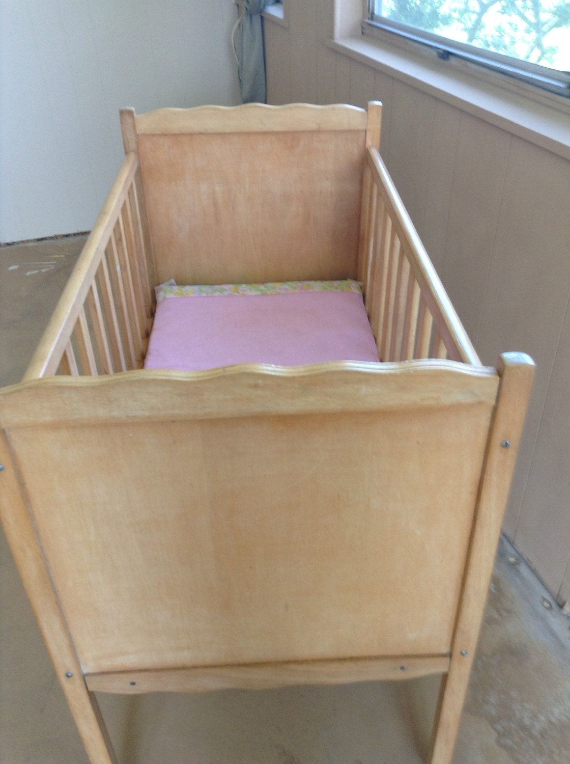 Vintage Natural Wood Mini Childs Crib with mattress “Going to Grandmas