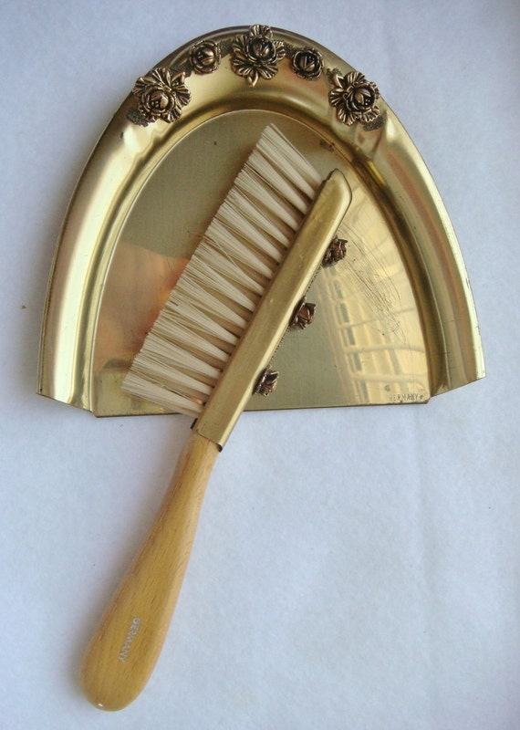 Charming German Brass Crumb Tray & Broom With Flower and Leaf