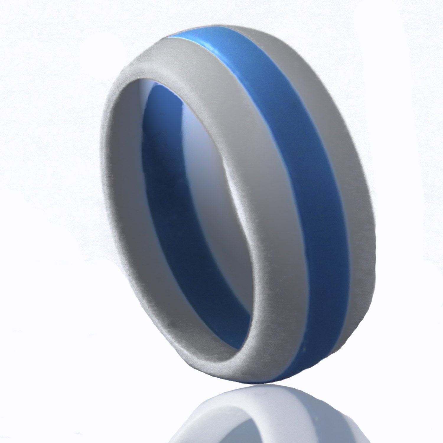 Men's Silicone Wedding Ring Grey and Blue Striped by DrewSports