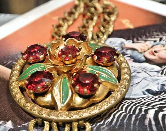 Art Deco Czech Bracelet Rhinestone Bracelet Glass Huge Enamel Brass Textured Chain Ruby Red Flowers Floral Medallion Chunky Circa 1920s