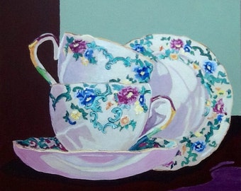 Acrylic painting cups and saucers 'Grandma's Tea set', original