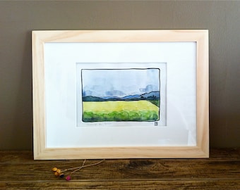Original Watercolor - Art - Framed - Home Decor - French Landscape - "Le Champ de Colza"