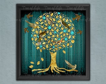 Teal Tree of Life Rolled Modern Canvas Art Print Gold shade tree (WORLDWIDE SENT in TUBE) with Birds Large and small