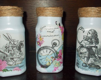 Alice In Wonderland Set of 3 Decorative Blue Glass Jars, Storage Jars, Shabby Chic, Vintage Jars, Alice, White Rabbit