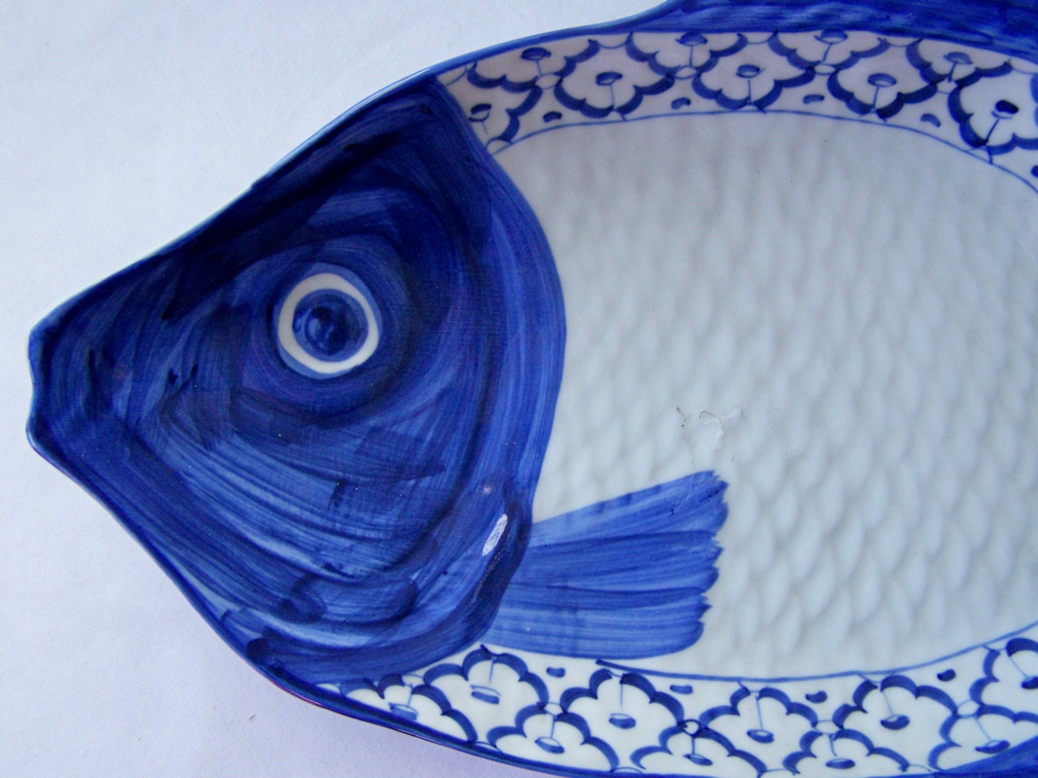 CERAMIC Fish Shaped PLATE Perch Hand Painted Asian Blue