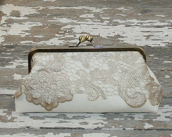 Champagne Lace on Ivory Linen Bridesmaid Clutches/ Lace Wedding Clutches/ Bridal Clutch / Wedding Gift