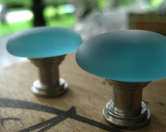 Aqua seaglass inspired vintage glass cabinet pull knob, Tumbled glass